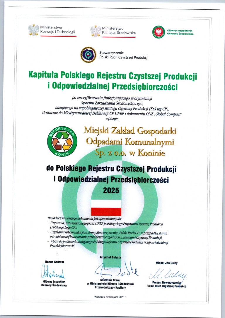 Miejski Zakład Gospodarki Odpadami Komunalnymi Sp. z o.o. w Koninie w Polskim Rejestrze Czystszej Produkcji i Odpowiedzialnej Przedsiębiorczości