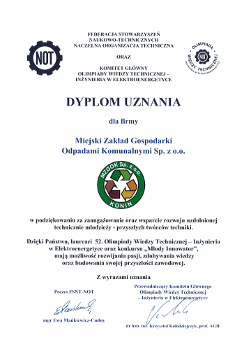 XIX Konkursu „Młody Innowator” oraz LII Olimpiady Wiedzy Technicznej - Inżynieria w Elektroenergetyce